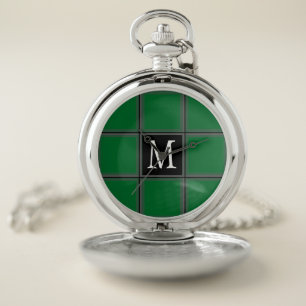 Dark Green and Gray Custom Single Initial Striped Pocket Watch