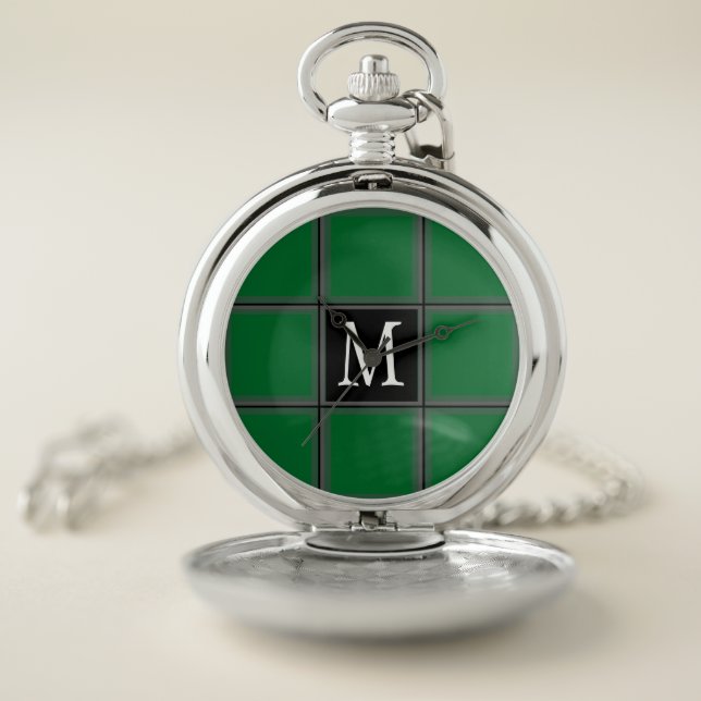 Dark Green and Gray Custom Single Initial Striped Pocket Watch (Inside)