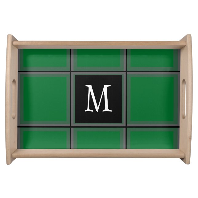 Dark Green and Gray Custom Single Initial Striped Serving Tray (Front)