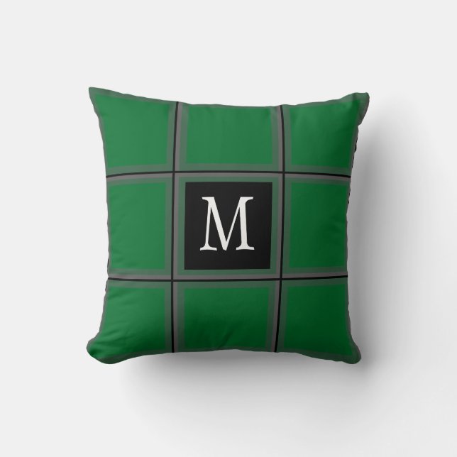 Dark Green and Gray Custom Single Initial Striped  Throw Pillow (Front)
