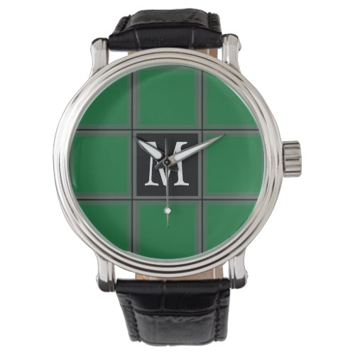 Dark Green and Gray Custom Single Initial Striped Watch