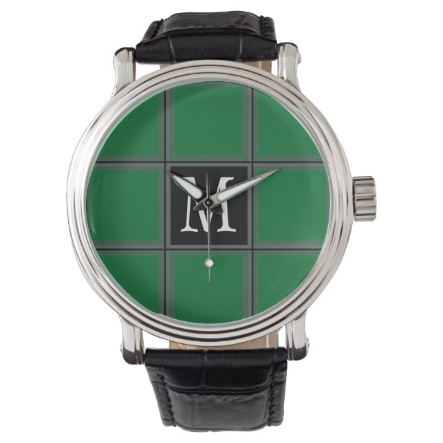 Dark Green and Gray Custom Single Initial Striped Watch (Front)