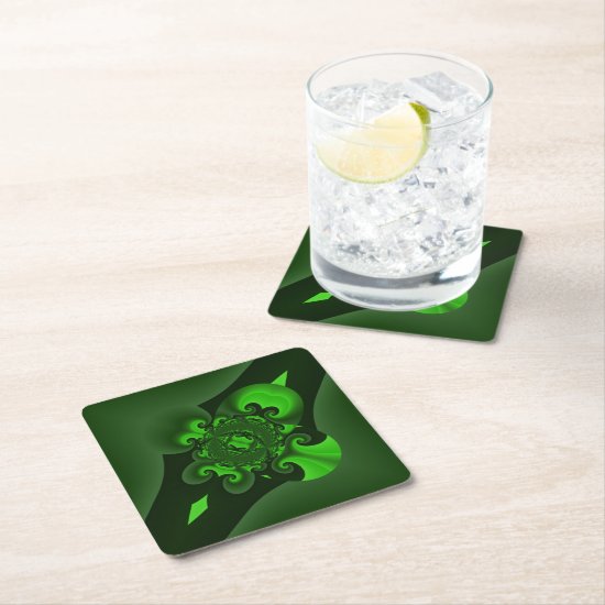 Dark Green And Lime Spiral Wave Square Paper Coaster