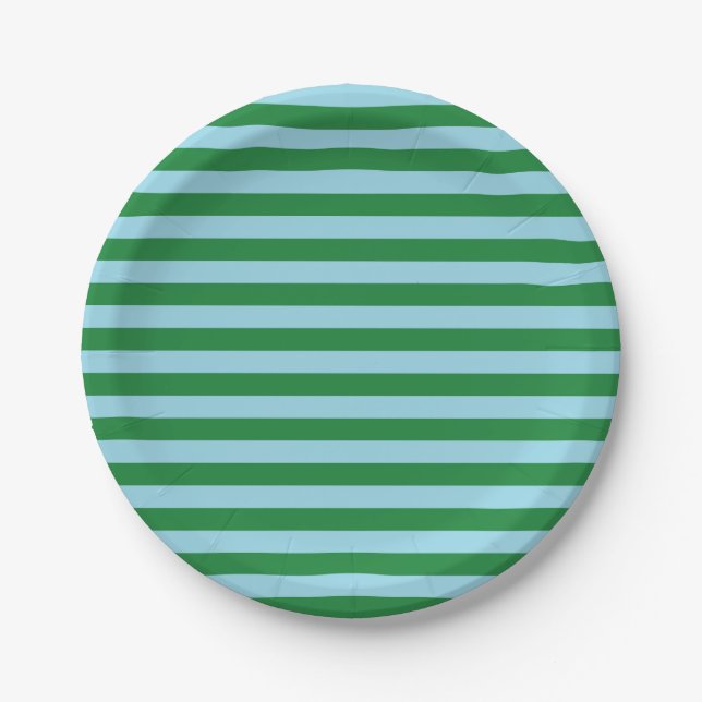 Dark Green and Pastel Blue Stripes Paper Plates (Front)