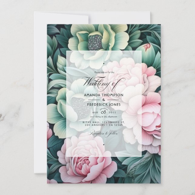 Dark Green and Pastel Pink Floral Wedding Invitation (Front)