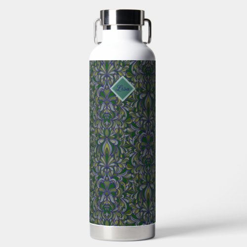 Dark Green and Periwinkle Art Nouveau Water Bottle