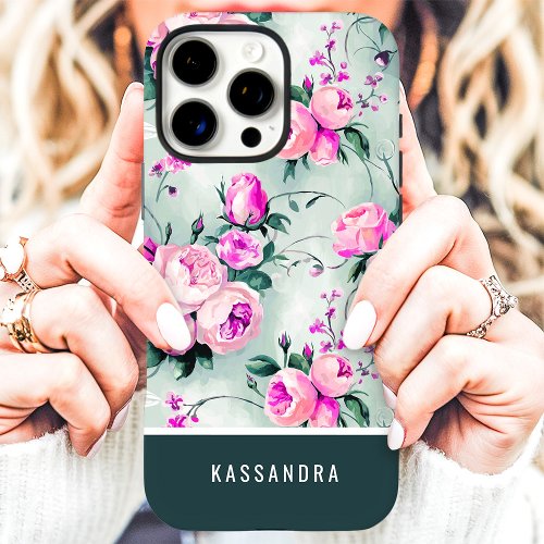 Dark Green And Pink Custom Name Floral Iphone 16 Pro Max Case