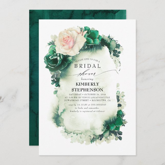 Dark Green and Pink Floral Bohemian Bridal Shower Invitation (Front/Back)