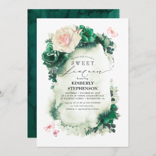 Dark Green and Pink Floral Bohemian Sweet 16th Invitation