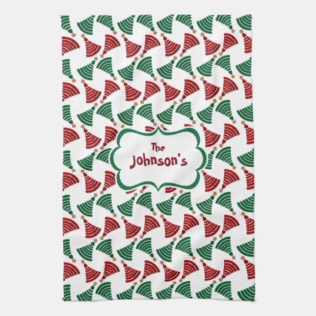 Dark Green and Red Christmas Tree Pattern Kitchen Towel (Vertical)