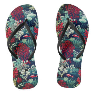 Dark Green and Red Coral Reef Flip Flops