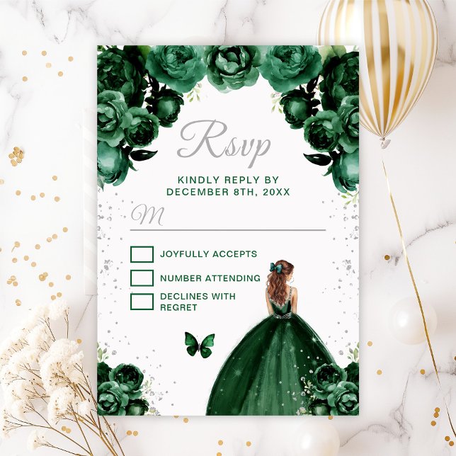 Dark Green and Silver Brown Hair Princess RSVP Card (Creator Uploaded)