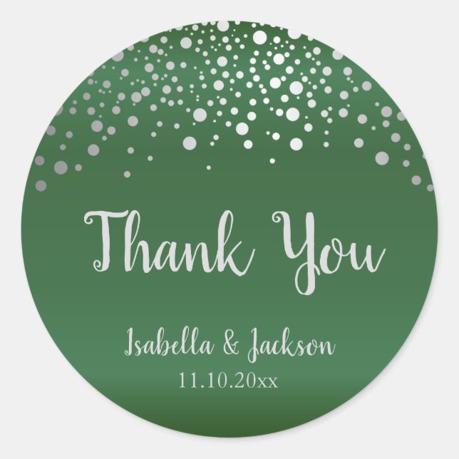 Dark Green and Silver Confetti Dots Classic Round Sticker (Front)