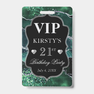Dark Green and Silver Glitter Agate Birthday VIP Badge