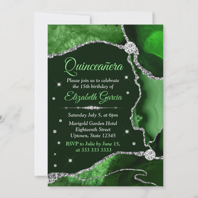 Dark Green and Silver Glitter Agate Quinceanera Invitation (Front)