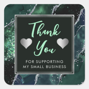 Dark Green and Silver Glitter Agate Small Business Square Sticker