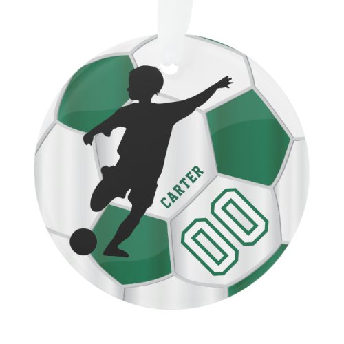 Dark Green and White Personalize Boy Soccer Player Ornament