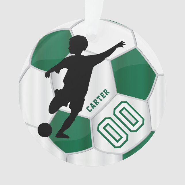 Dark Green and White Personalize Boy Soccer Player Ornament (Front)