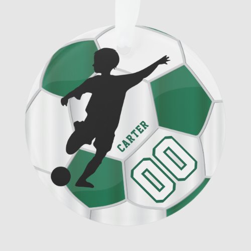 Dark Green and White Personalize Boy Soccer Player Ornament
