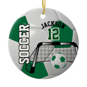 ⚽ Dark Green and White Personalize Soccer Ball Ceramic Ornament