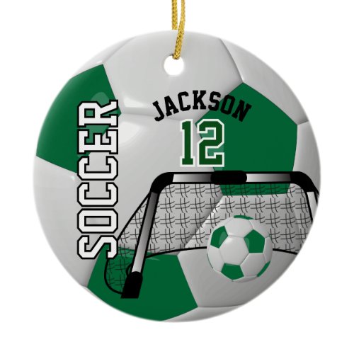 ⚽ Dark Green and White Personalize Soccer Ball Ceramic Ornament