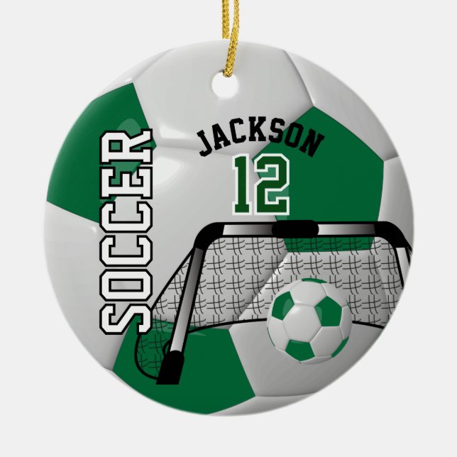 ⚽ Dark Green and White Personalize Soccer Ball Ceramic Ornament (Front)
