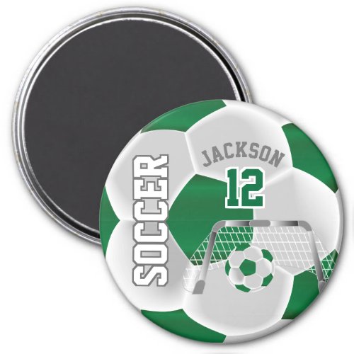 Dark Green and White Personalize Soccer Ball Magnet