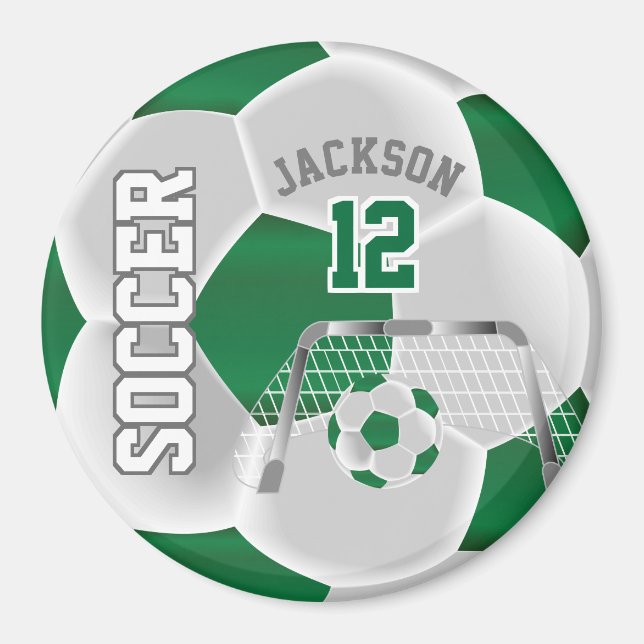 Dark Green and White Personalize Soccer Ball Magnet (Front)