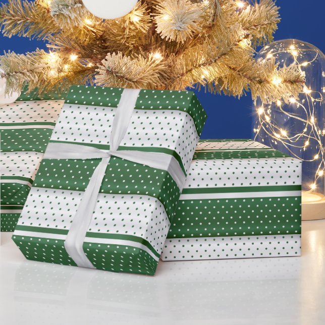 Dark Green and White Polka Dot Stripe Design Wrapping Paper (Holidays)