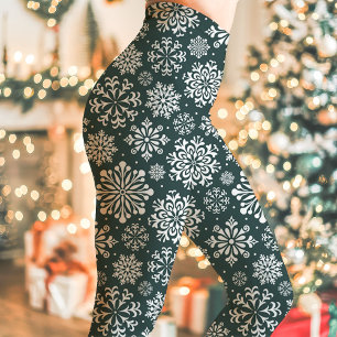 Dark Green and White Snowflake Pattern Christmas Leggings