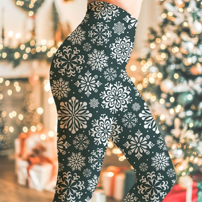 Dark Green and White Snowflake Pattern Christmas Leggings (Creator Uploaded)