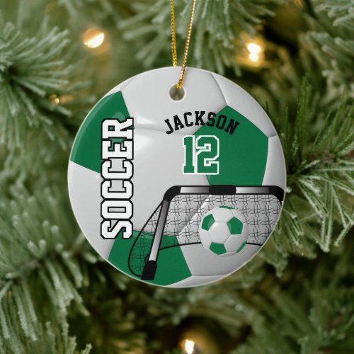 Dark Green and White Soccer Ball Ceramic Ornament