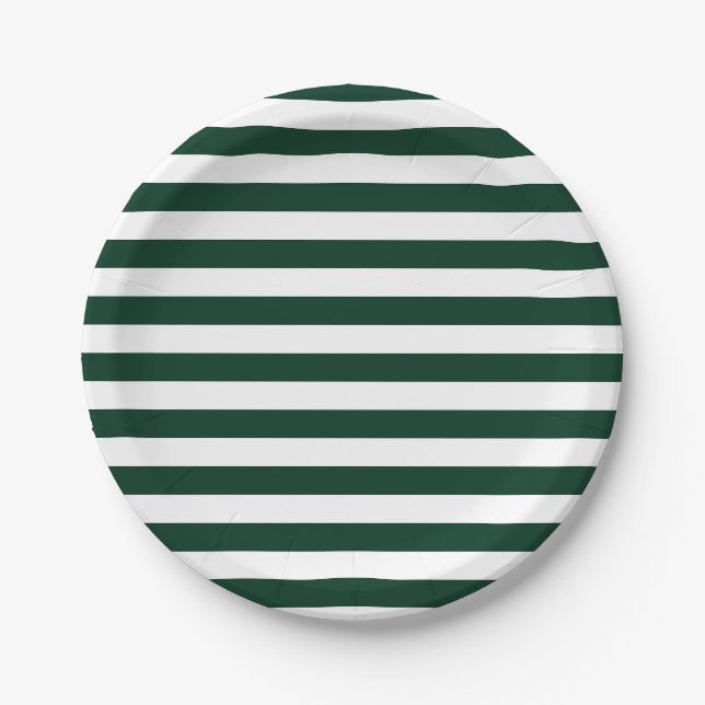 Dark Green and White Stripes Paper Plates (Front)