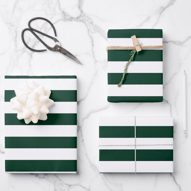 Dark Green and White Stripes Wrapping Paper Sheets (Front)