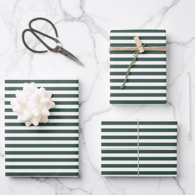 Dark Green and White Stripes  Wrapping Paper Sheets (Front)