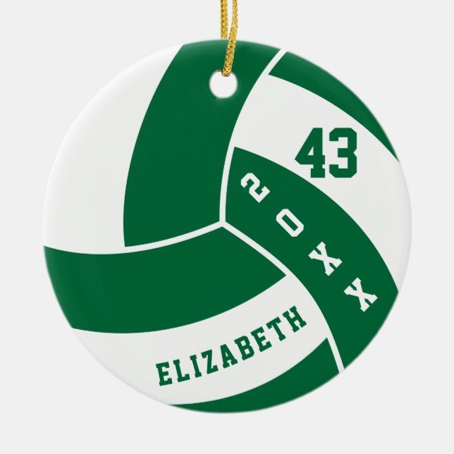 Dark Green and White Volleyball Ceramic Ornament (Front)