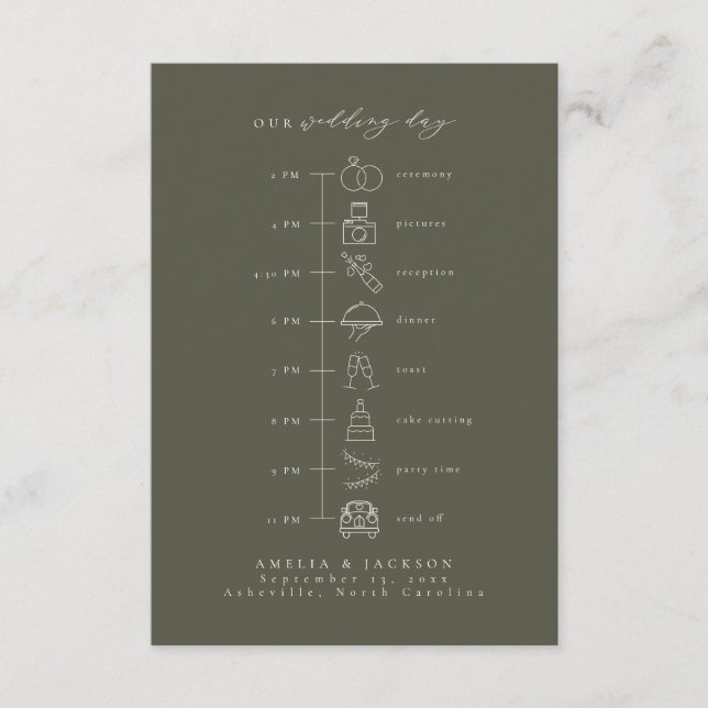 Dark Green and White Wedding Timeline With Icons Enclosure Card (Front)