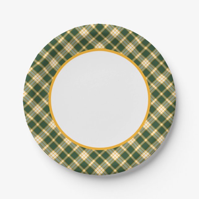 Dark Green and Yellow Gold Sporty Plaid Border Paper Plates (Front)