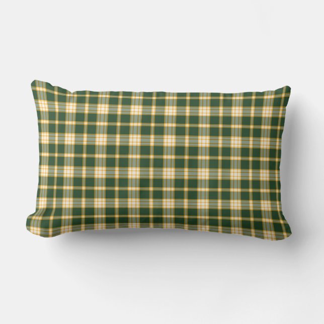 Dark Green and Yellow Gold Sporty Plaid Pattern Lumbar Pillow (Front)
