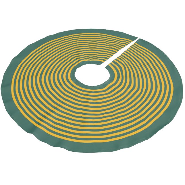 Dark Green and Yellow Striped Christmas Holiday Brushed Polyester Tree Skirt (Angled)