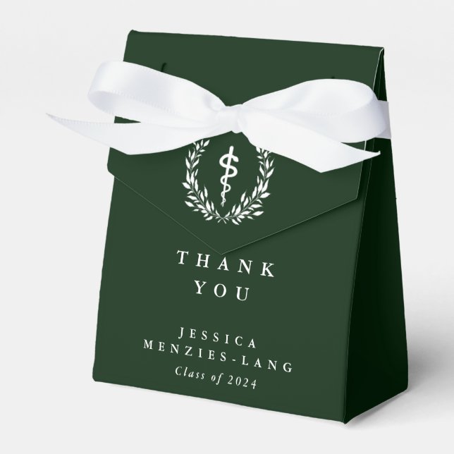 Dark Green Asclepius Medical Graduation Favor Boxes (Front Side)