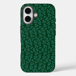  Dark Green Background with Teal Botanical Leaves iPhone 16 Case