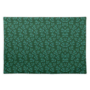 Dark Green Background with Teal Botanical Leaves Cloth Placemat