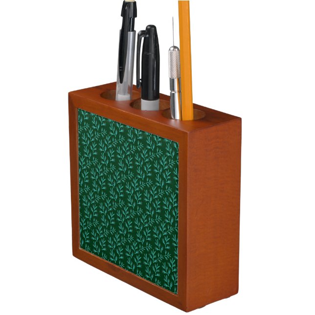  Dark Green Background with Teal Botanical Leaves Desk Organizer (In Situ)