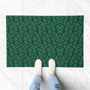 Dark Green Background with Teal Botanical Leaves Doormat