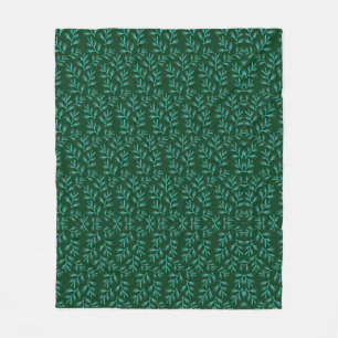 Dark Green Background with Teal Botanical Leaves Fleece Blanket