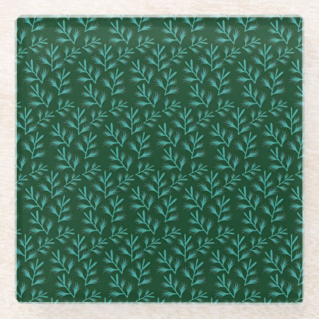  Dark Green Background with Teal Botanical Leaves Glass Coaster (Front)