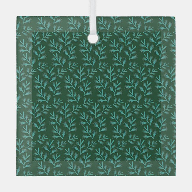  Dark Green Background with Teal Botanical Leaves Glass Ornament (Front)