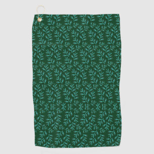  Dark Green Background with Teal Botanical Leaves Golf Towel