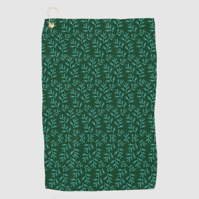  Dark Green Background with Teal Botanical Leaves Golf Towel (Front)